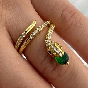 Gold Snake Ring with Green Stone and Pavé Crystals